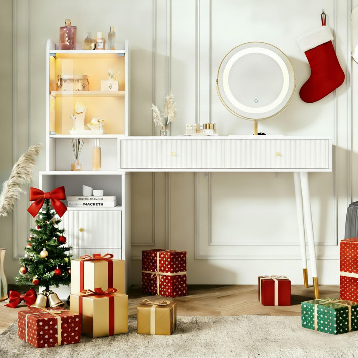 SCHMINKTISCH Weiß LED Spiegel 4 Schubladen 100x40x125cm - Weiß, Holzwerkstoff (40/125/100cm) - FLIEKS