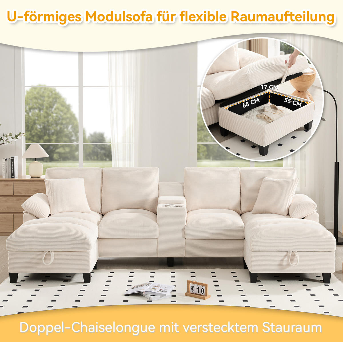WOHNLANDSCHAFT 293/142/93 cm in Beige mit Stauraum, USB-Anschlüssen und Getränkehalter - Beige, Textil (93/293/142cm) - Flora Grace