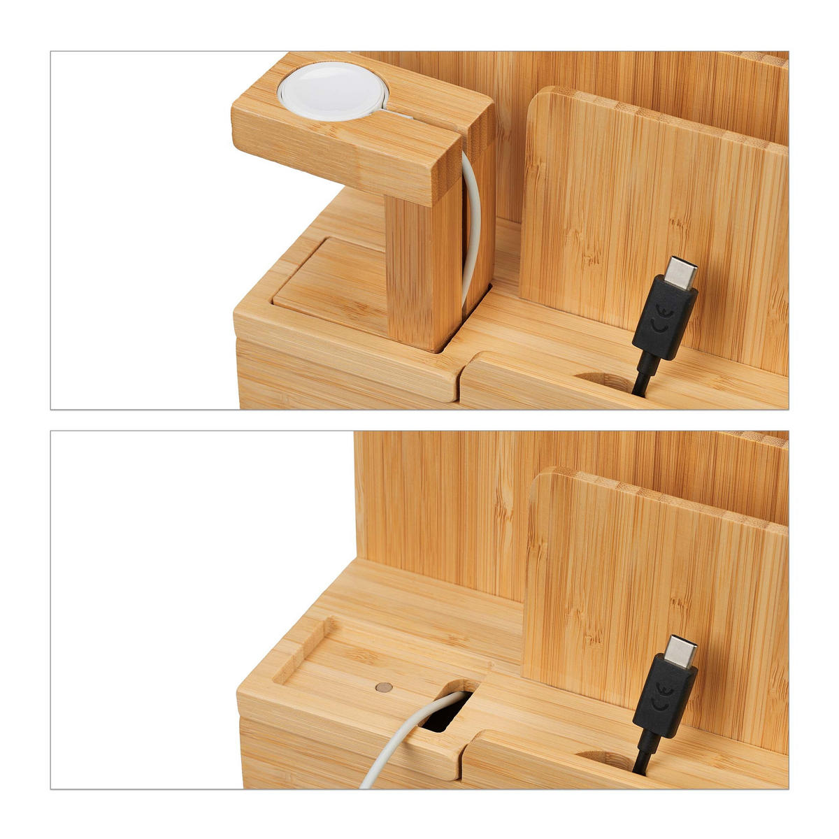 LADDSTATION natur bambu för mobil surfplatta smartklocka - Ljusbrun, Trä (15/21.5/15cm) - Relaxdays