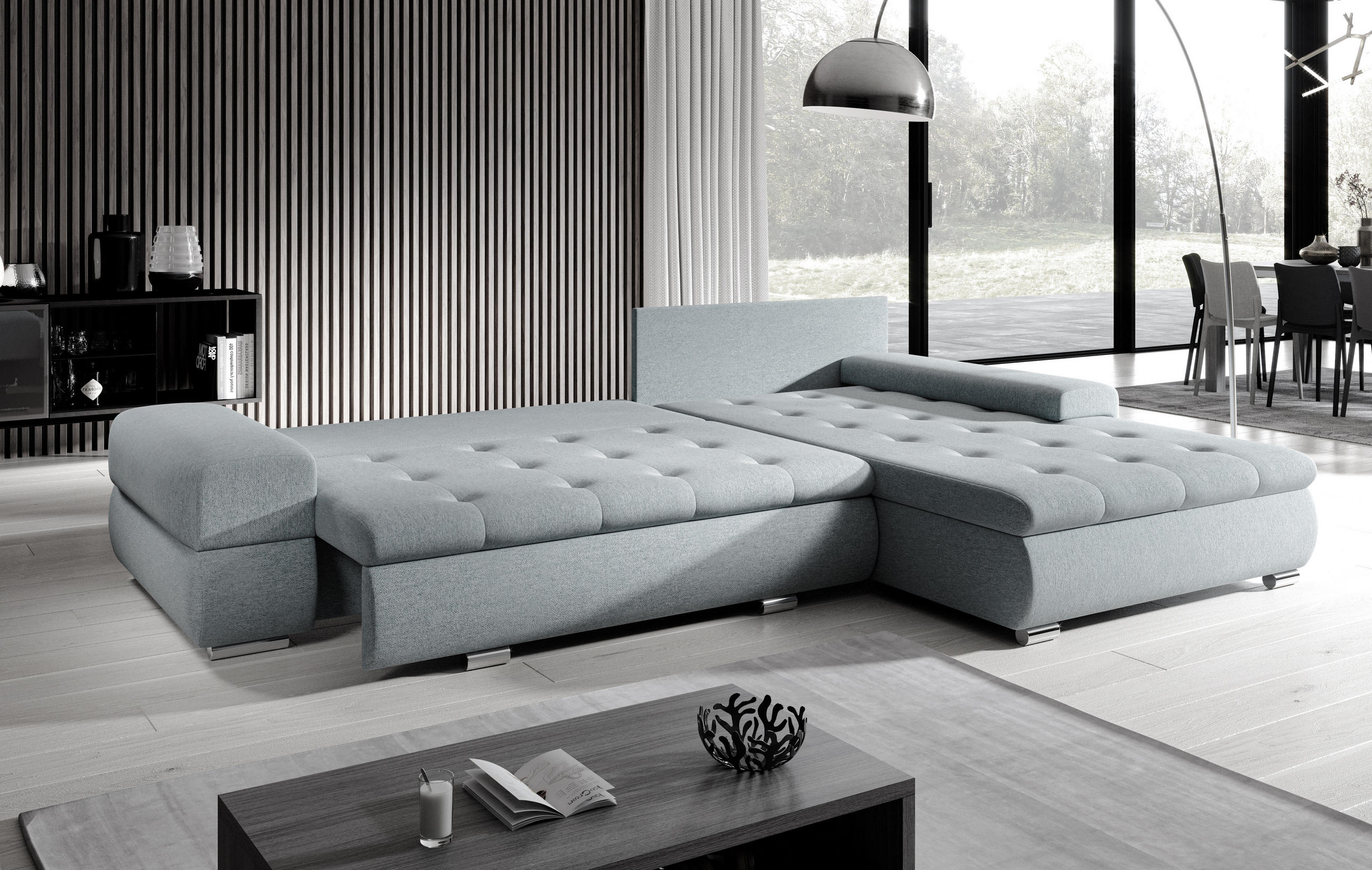Thumbnail - AX Living Ecksofa, Schwarz, Textil, Uni, 5-Sitzer, Füllung: Polyurethan (Pur), L-Form,L-Form, rund, 310x210 cm, Wohnzimm...