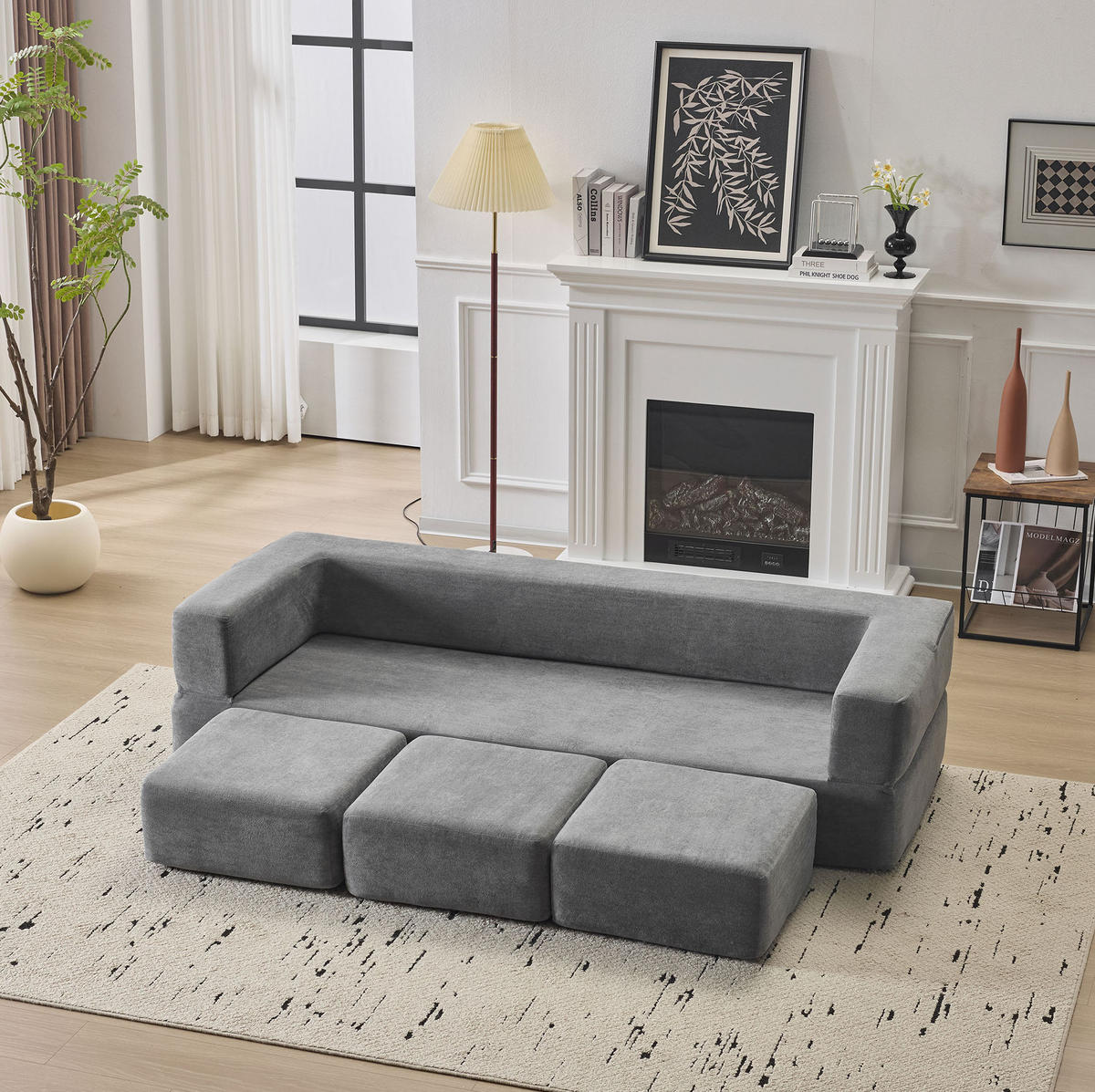 BODENSOFA modular als Schlafsofa Chenille Grau - Grau, Kunststoff (75.5/50/201cm) - Meubliv