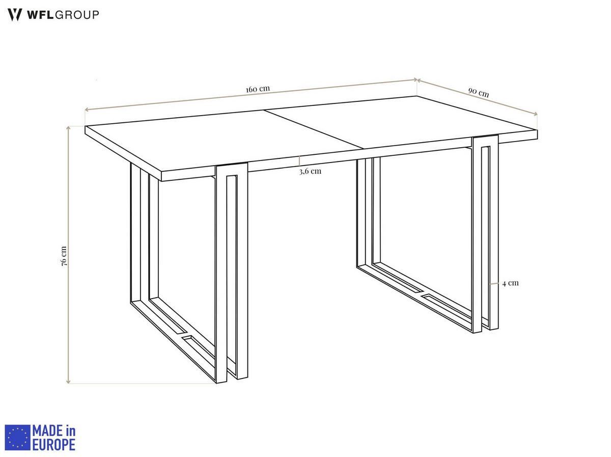 ESSTISCH Stella rechteckig ausziehbar, Lancelot Eiche 160-260/90/76 cm - Eichefarben/Goldfarben, Holzwerkstoff/Metall (90/260/76cm) - WFL GROUP