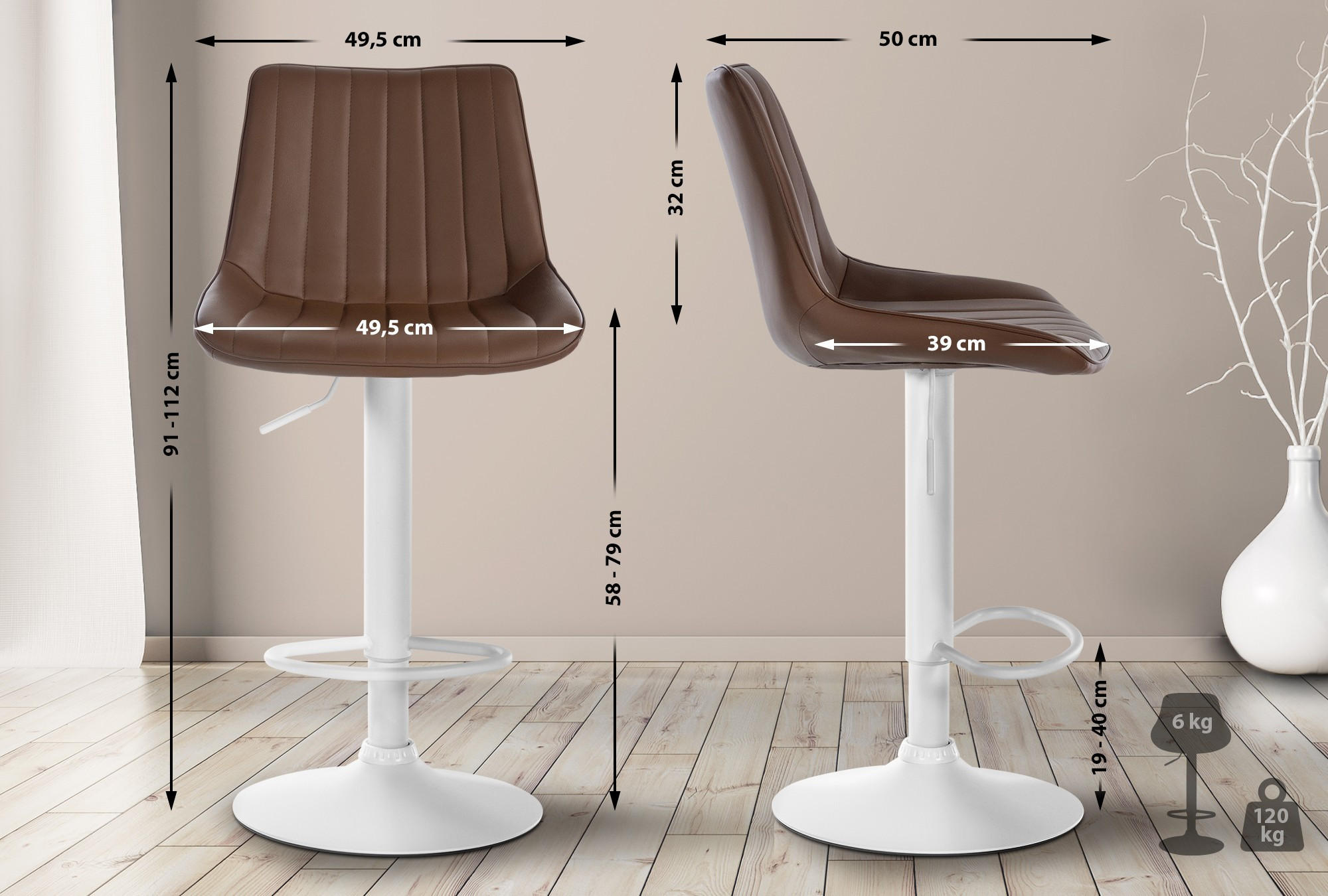 BARHOCKER RIO Braun Kunstleder Weiß - Braun, Leder/Metall (49.5/91/50cm) - DELUKE