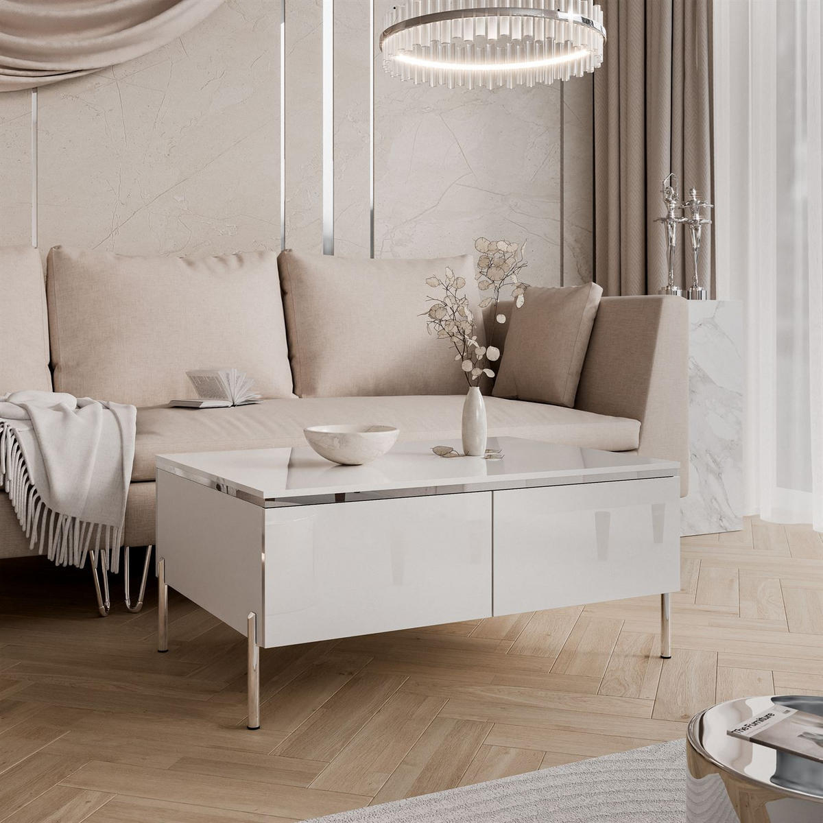 COUCHTISCH AURORA SILVER mit Stauraum und geraden Beinen - Weiß Hochglanz, Holzwerkstoff (60/90/44.5cm) - Lookway