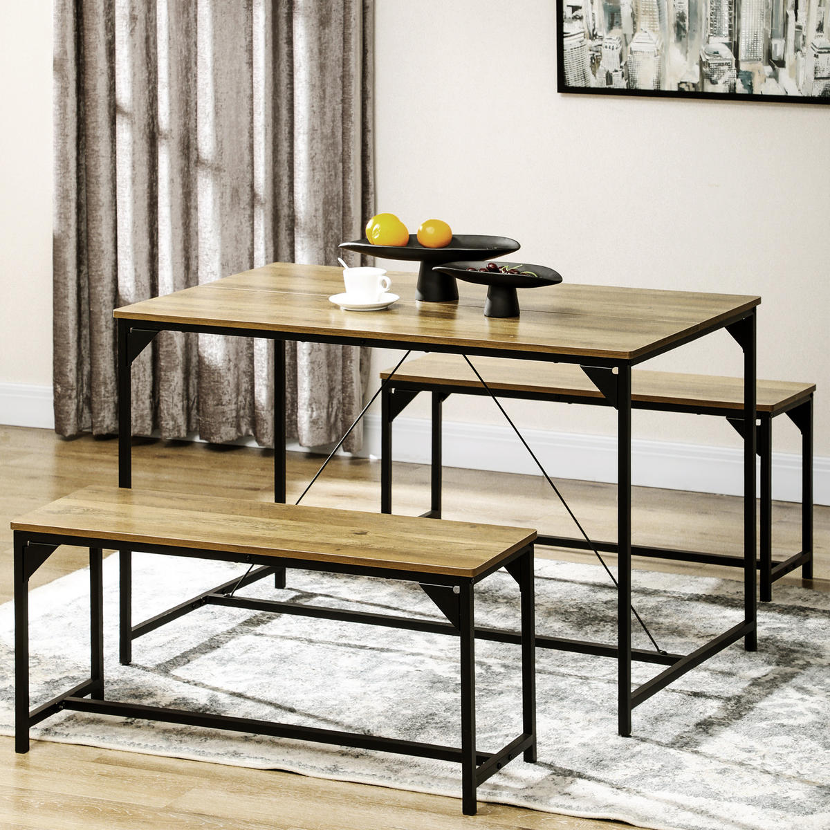 ESSGRUPPE mit Tisch und 2 Bänken für 4 Personen, Küchen- und Esszimmermöbel mit Stahlgestell, Naturholz-Optik und Schwarz - Naturfarben, Metall (120/75/70cm)