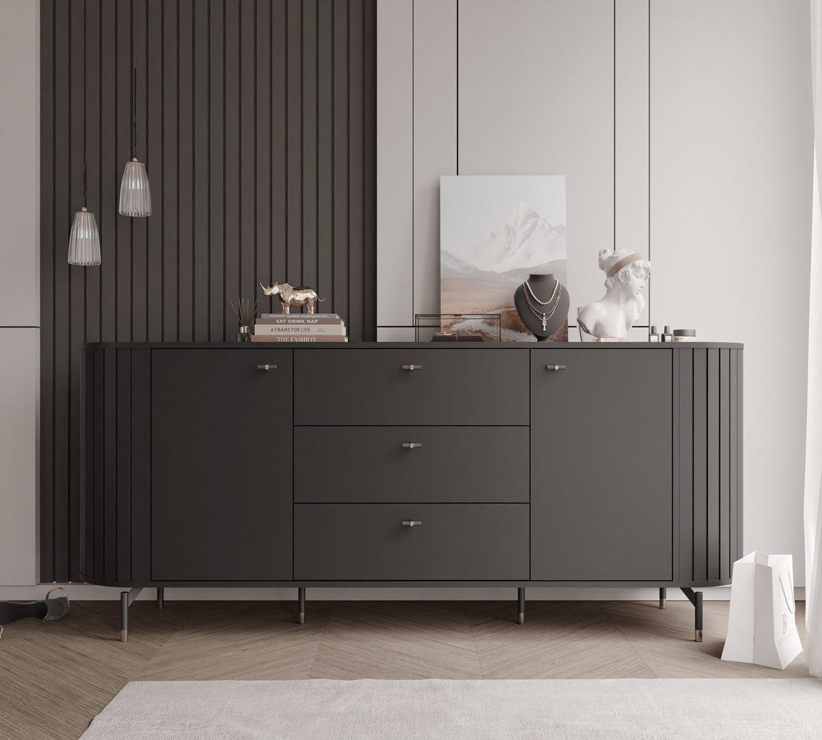 KOMMODE geriffelt, mit drei Schubladen, Schwarz - Schwarz, Holzwerkstoff (190/81/40cm) - Idohome