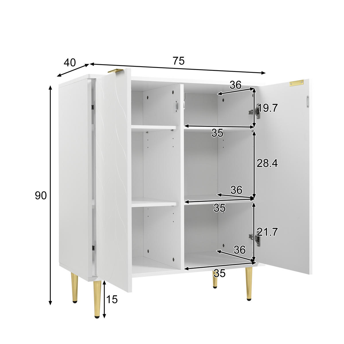 SIDEBOARD weiß mit goldenen Beinen, 75x40x90 cm - Weiß, Holzwerkstoff/Metall (75/90/40cm) - Urban Meuble