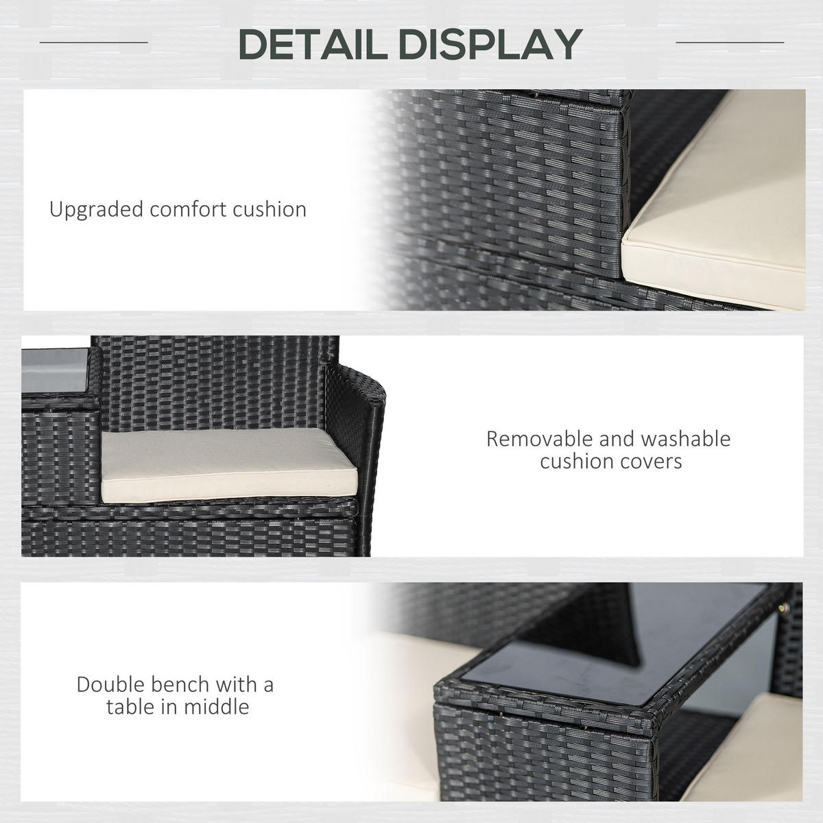 POLYRATTAN Gartenbank mit Tisch 2-Sitzer Stahl Schwarz B133 x T63 x H84cm - Schwarz, Kunststoff (63/84/133cm) - Outsunny