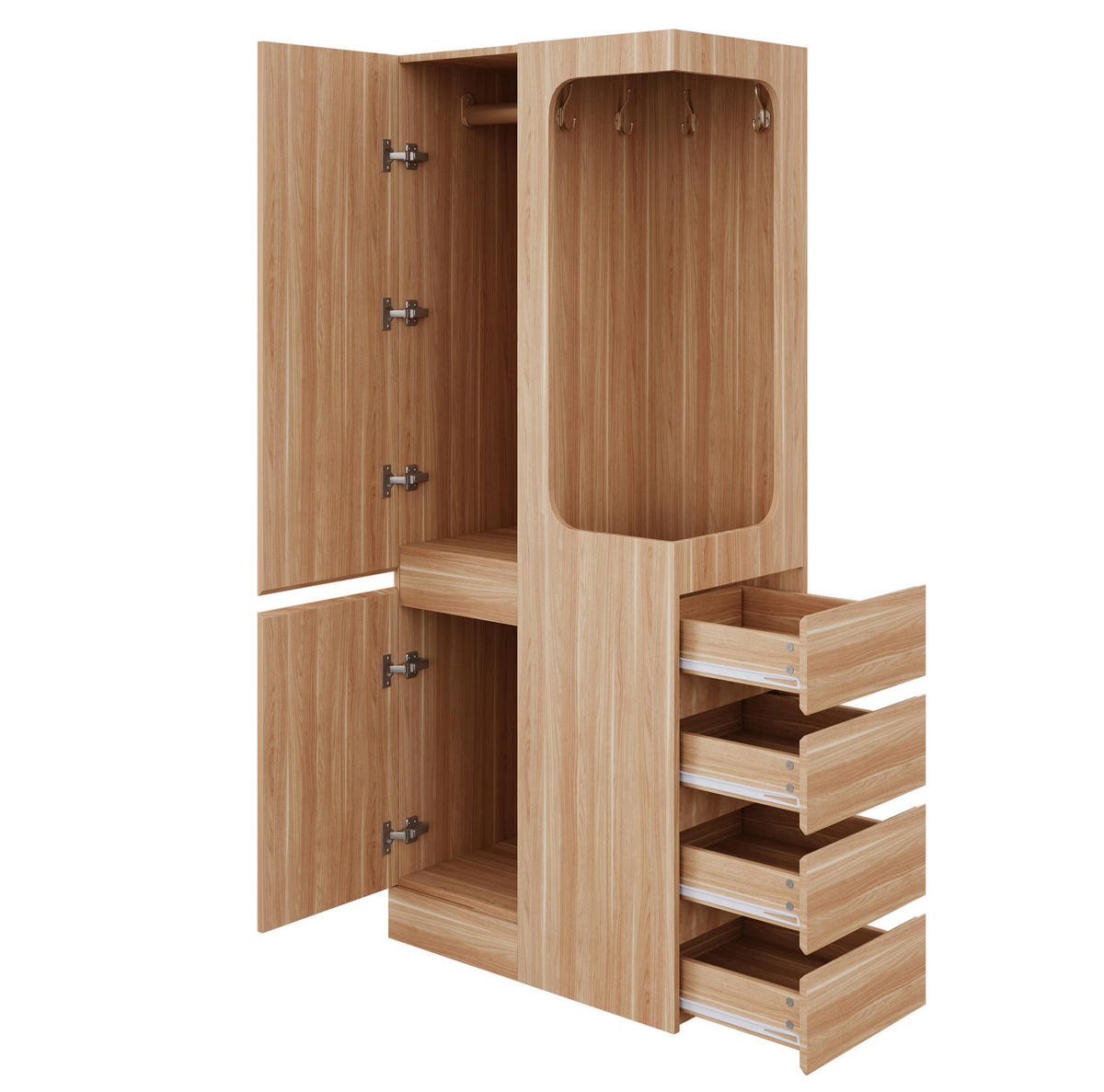 KLEIDERSCHRANK aus Holz 70x40x170 cm Naturholz/Weiß mit Schubladen, offener Hängefläche und 1 Tür - Nussbaumfarben, Holzwerkstoff (70/170/40cm) - Modfu