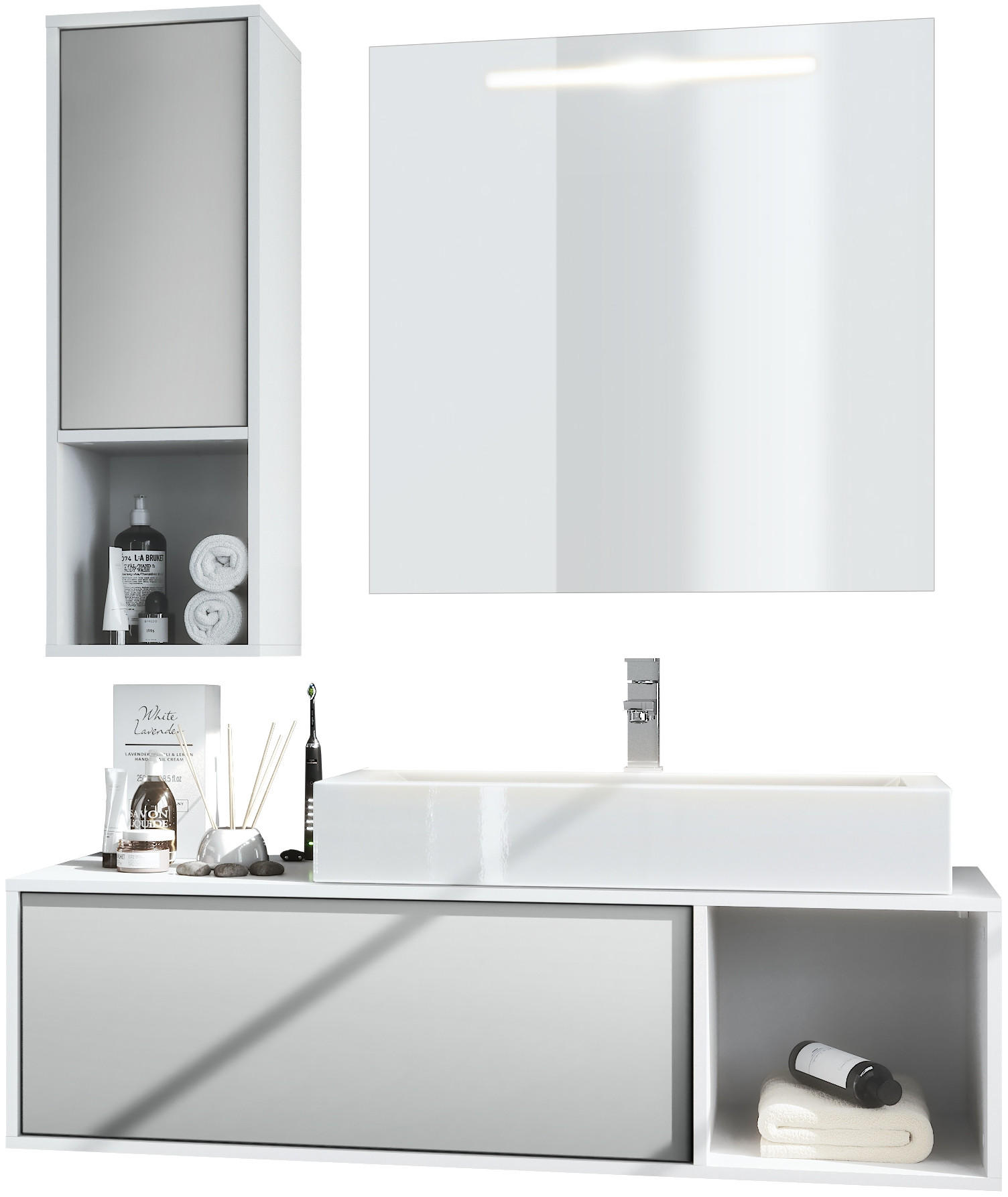BADMÖBELSET La Costa Fronten in Hellgrau seidenmatt - Greige, Holzwerkstoff (126.5/190/46cm) - Vladon