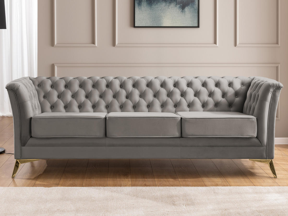 SITZGARNITUR 3+1 Chesterfield Whitby Grau Samt mit goldenen Füßen - Goldfarben/Grau, Holz/Textil (237/78/82cm) - S-Style Möbel