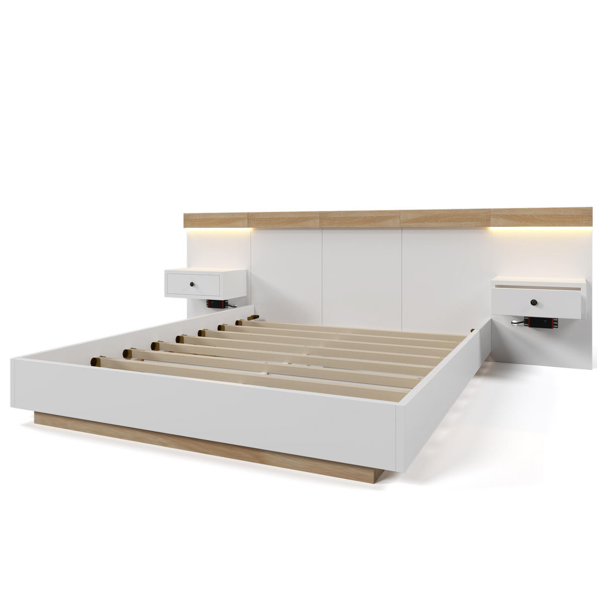 DOPPELBETT 160/200 cm mit 2 LED Nachtkommoden und USB-C Steckdose in Sonoma Eiche/Weiß - Weiß, Holzwerkstoff (160/200cm) - OKWISH
