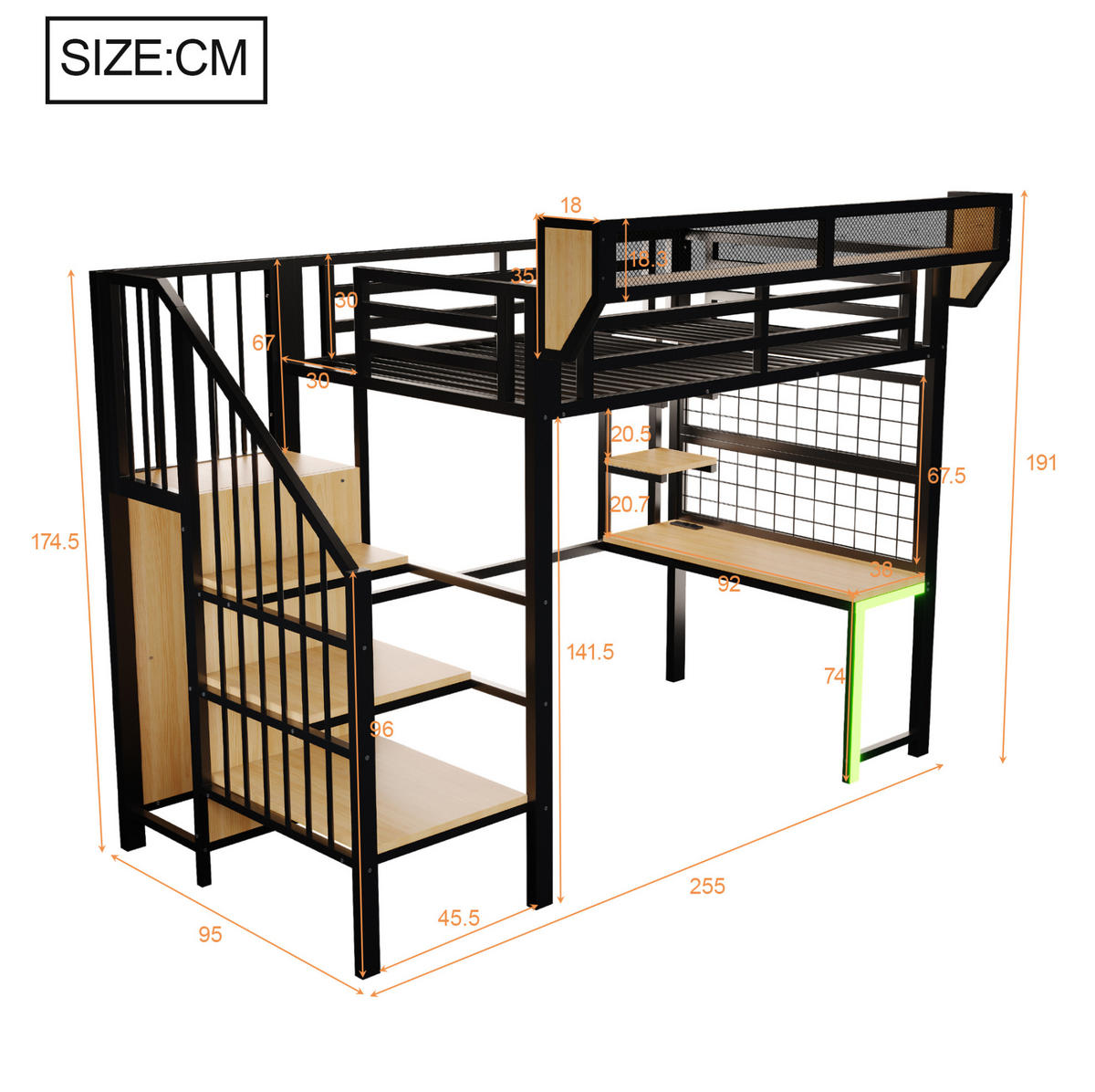 HOCHBETT 90/200 cm mit Schreibtisch, Regal, Aufbewahrungsleiter, LED-Beleuchtung und Steckdose, Schwarz - Schwarz, Holzwerkstoff (90/200cm) - Redom