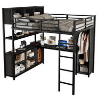 HOCHBETT 140/200 cm Schwarz aus Eisen und Spanplatte mit Schreibtisch und Kleiderschrank - Schwarz, Metall (90/200cm) - OKMYHOME