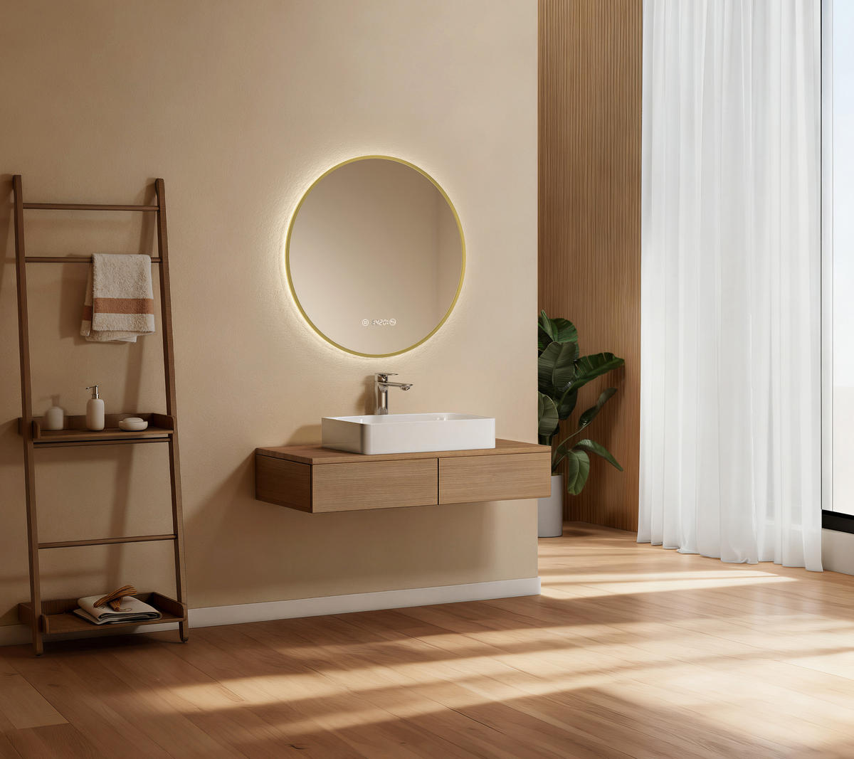 BADSPIEGEL mit LED-Beleuchtung Anti-Beschlag Zeitanzeige Goldfarben Ø 70 cm - Goldfarben, Glas (70/70/3cm) - EMKE