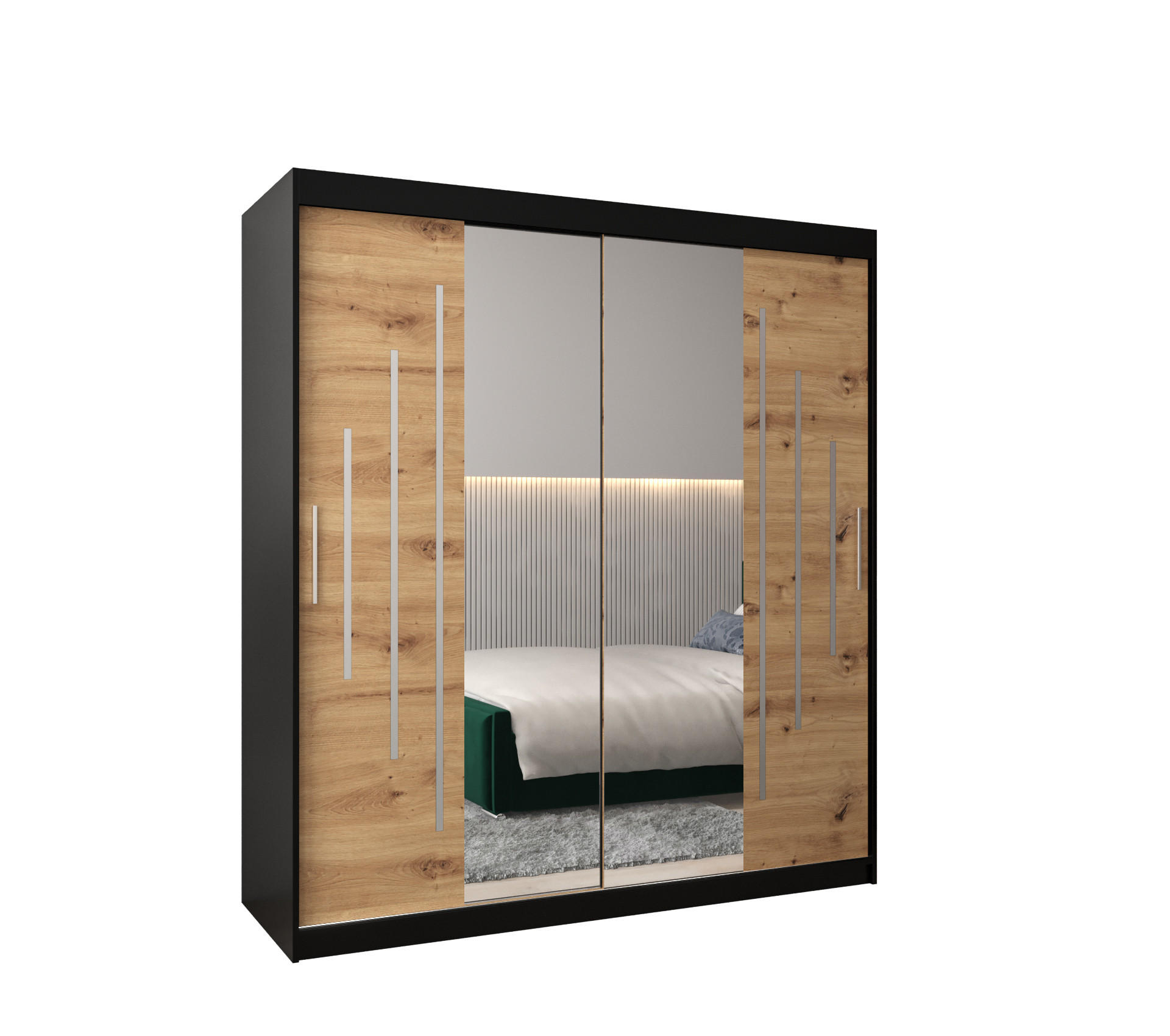 Abiks Möbel Schwebetürenschrank Schwarz, Eiche Artisan 180x200x62 cm