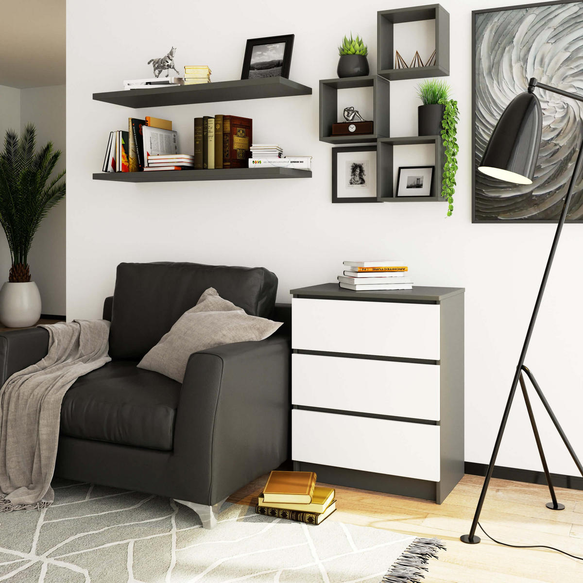 KOMMODE K60, Grau-Weiß, 60x40x77 cm - Weiß/Grau, Holz (60/77/40cm) - Milordbikes