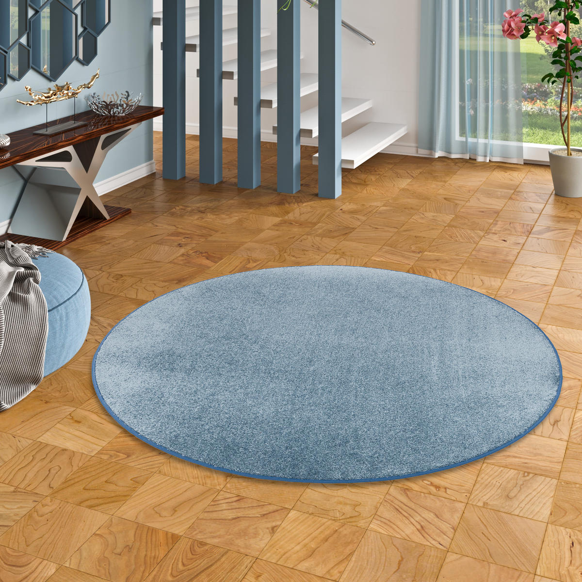 HOCHFLOR VELOURS TEPPICH LUNA RUND - Blau, Textil (133/133cm) - Snapstyle
