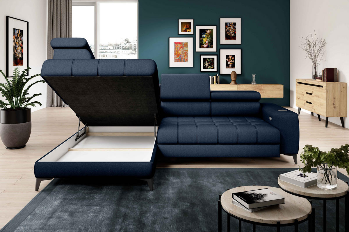 ECKSOFA BAGGIO Letto Stoff, Schlaffunktion, Bettkasten, Sitztiefe, Kopfstützen 280x196cm – Links – Marineblau - Dunkelblau, Holz/Textil (196/280cm) - DomoHome