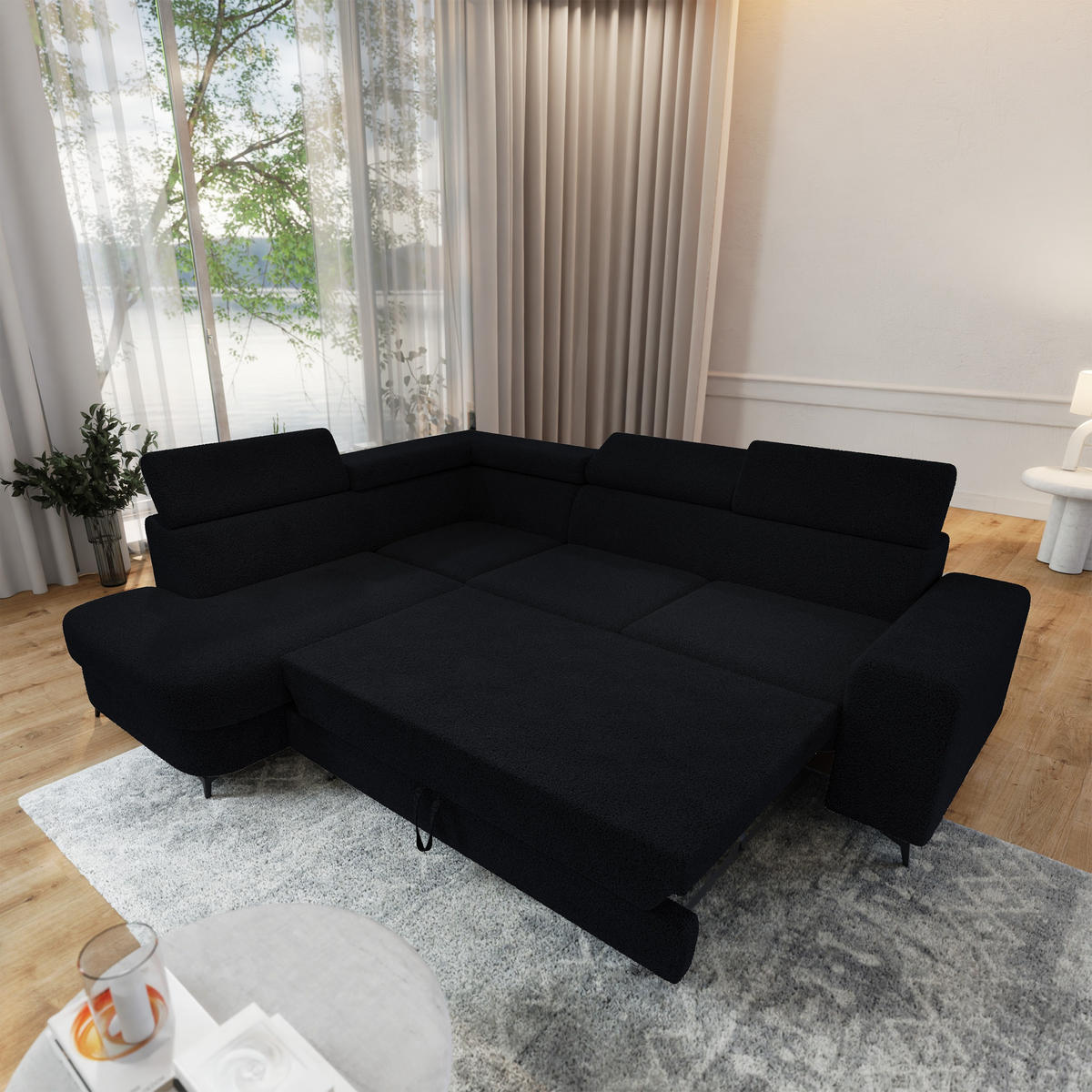 ECKSOFA ALVORO L-S Schwarz Boucle-Stoff mit Schlaffunktion - Schwarz, Holz (253/190cm) - MASSENO