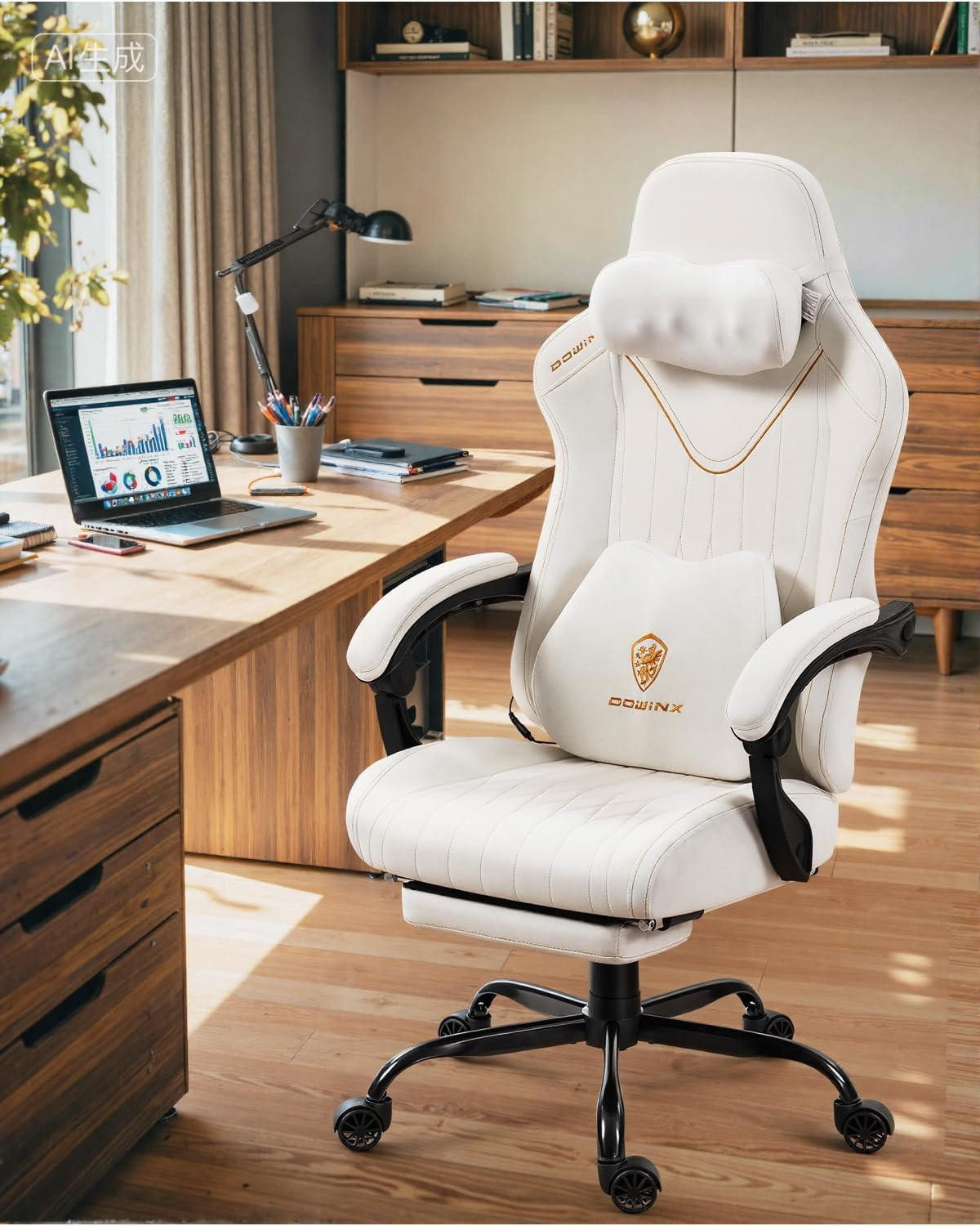 GAMING Stuhl mit Massagefunktion & Lendenwirbelstütze & Nackenstütze - Weiß, Leder (56/123/70cm)