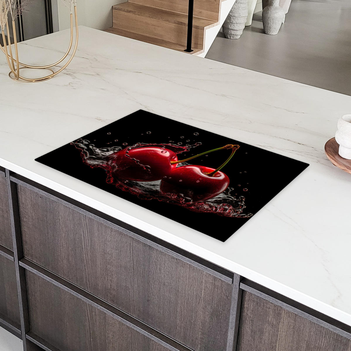 HERDABDECKPLATTE Kirsche - Rot - Frucht - Wasser - Schwarz 81x52 cm - Kirschrot, Kunststoff (81.2/52/0.2cm) - MuchoWow