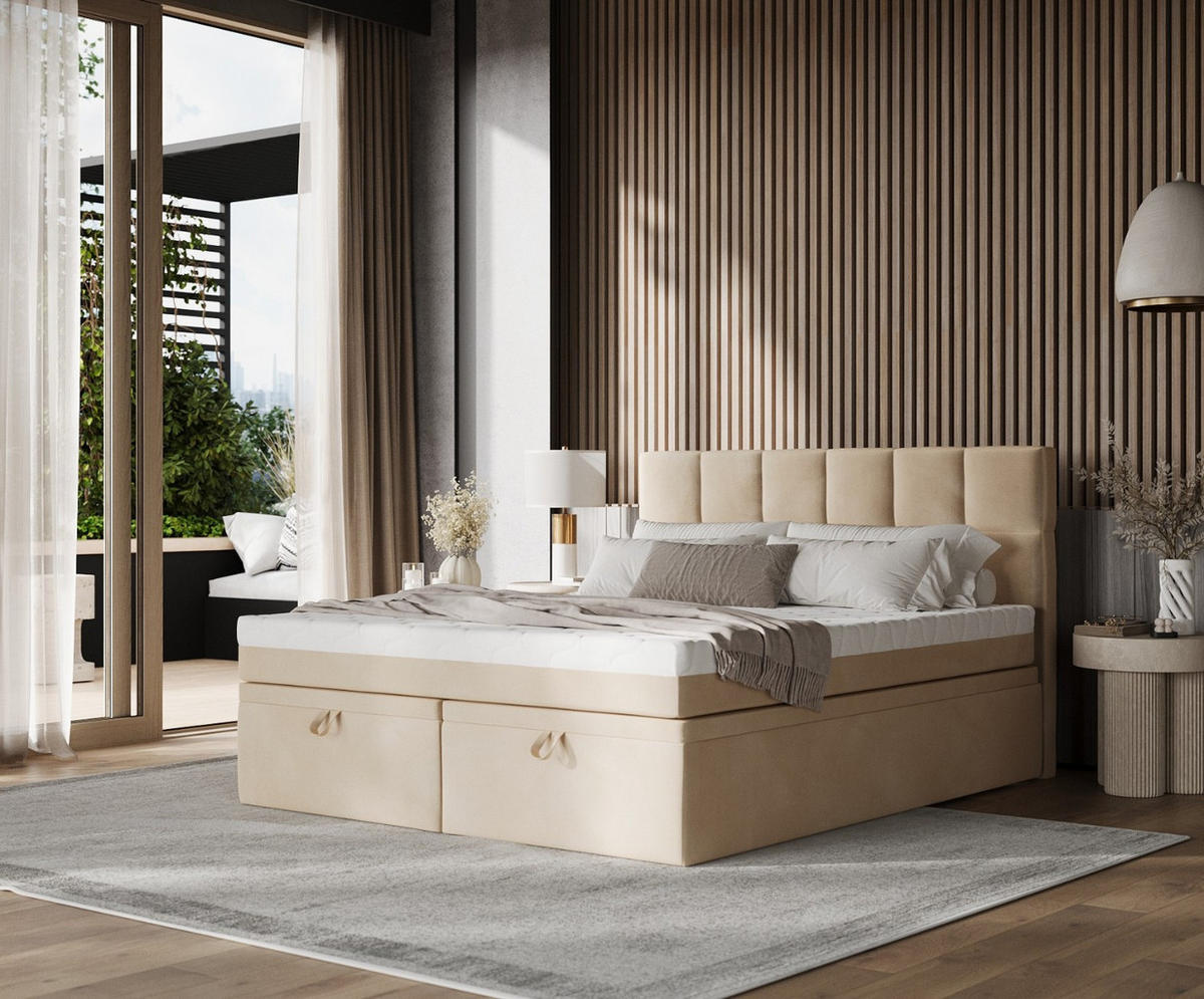 BOXBETT Elano 160/200 cm Beige im Kronos Stoff - Beige/Schwarz, Holz/Holzwerkstoff (160/200cm) - AltaBeds