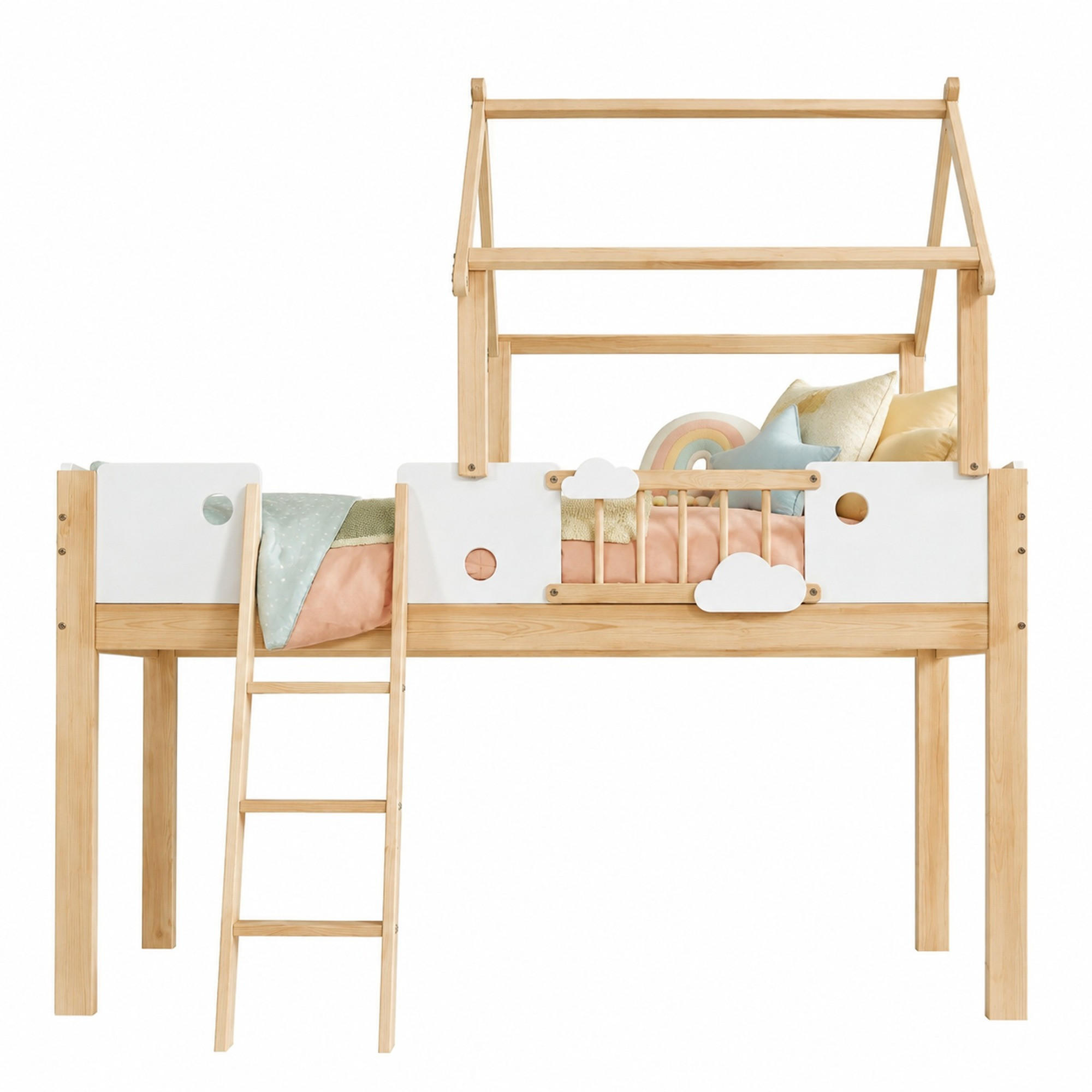 HOCHBETT 90/200 mit Dachdesign Fallschutz und Schrägleiter in Weiß und Natur - Weiß/Naturfarben, Holz/Holzwerkstoff (90/200cm) - EVRYAE