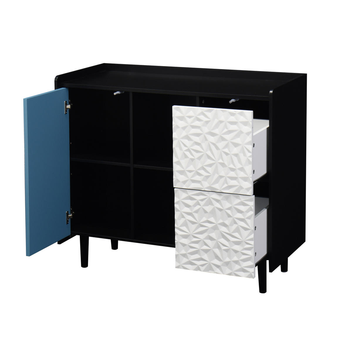 SIDEBOARD aus MDF 40x90x80 cm Schwarz/Blau mit 2 Schubladen, offenem Stauraum und Schrankfach - Schwarz, Holzwerkstoff (90/80/40cm) - Modfu