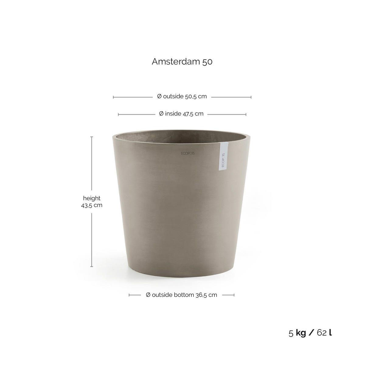 BLUMENTOPF Amsterdam 50,5/43,5 cm Taupe - Taupe, Kunststoff (50.5/43.5cm) - Ecopots