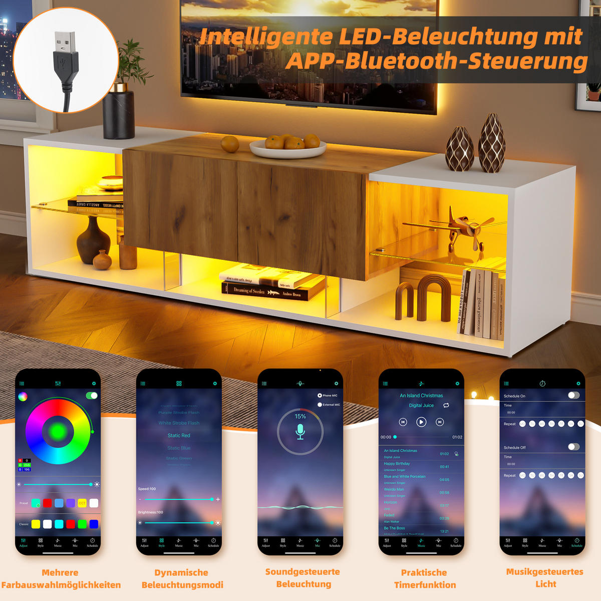 TV ormarić 160/40/42 cm antikno bijeli i prirodna boja hrasta od iverice s LED rasvjetom - svijetlo smeđa, drvni materijal (160/42/40cm) - OKWISH
