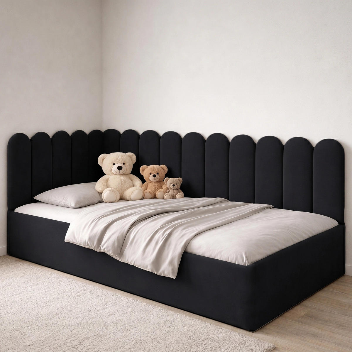 JUGENDBETT Junior Schwarz Samtvelours mit Wandpaneelen - 120x200 cm - Bettkasten - Schwarz, Holzwerkstoff/Textil (120/200cm) - Ravio