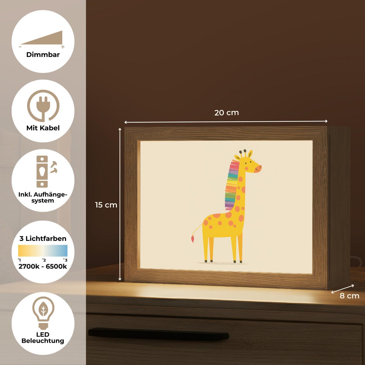 NACHTTISCHLAMPE Giraffe - Regenbogenmähne - Beige 20x15 cm - Beige, Holzwerkstoff (8/20/15cm)