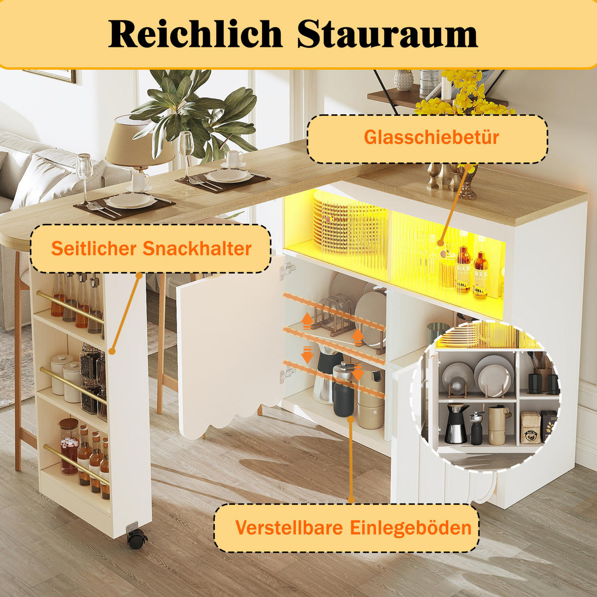 BARTISCH 135-205/39/100 cm in Weiß mit Stauraum und LED - Weiß, Holzwerkstoff (135/39/100cm) - BEAOK