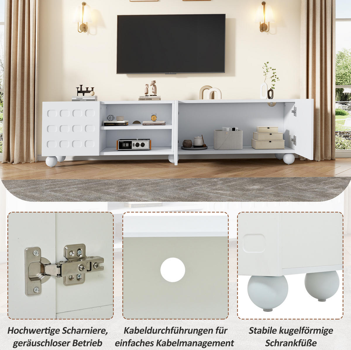 LOWBOARD 200/40/44 cm aus Spanplatte mit bedruckten Fronten und halboffenem Fach Weiß - Weiß, Holzwerkstoff (200/44/40cm) - Modenvie