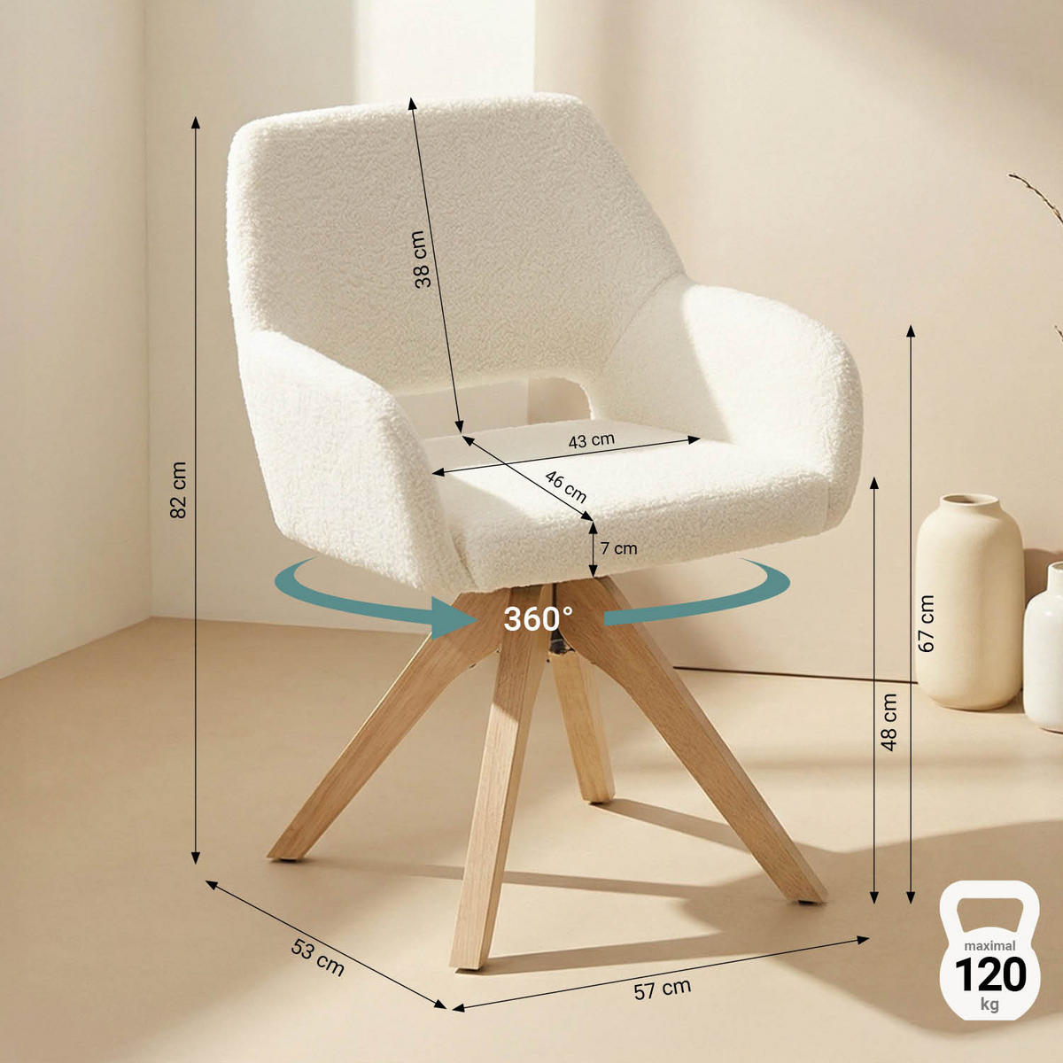 ARMLEHNENSTUHL in Weiß 6 Stück drehbar - Naturfarben/Weiß, Holz/Textil (57/82/53cm) - Homestyle4u