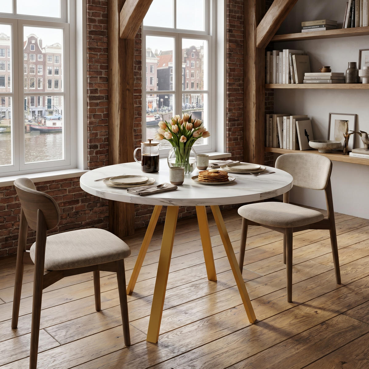 MATBORD runt marmor-look & guld Ø 80 cm för 4 personer - Vit, Träbaserade material (80/80/75cm) - Urban Meuble