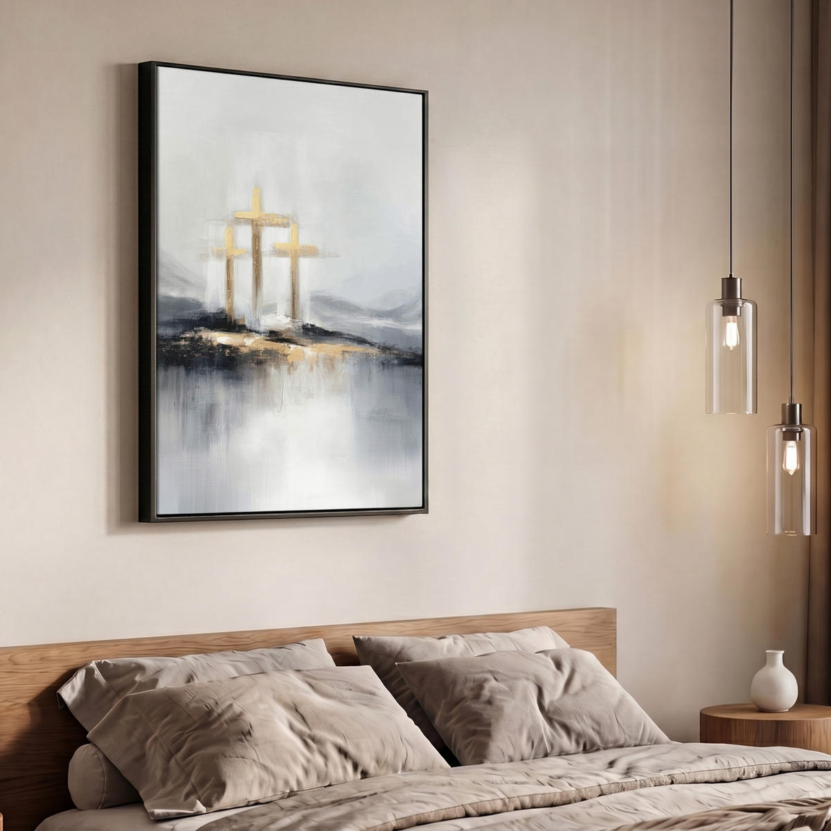 LEINWAND Bilder mit Rahmen - Abstrakt - Malerei - Christentum - Kreuz - 70x100 - Weiß, Textil (70/100cm) - MuchoWow