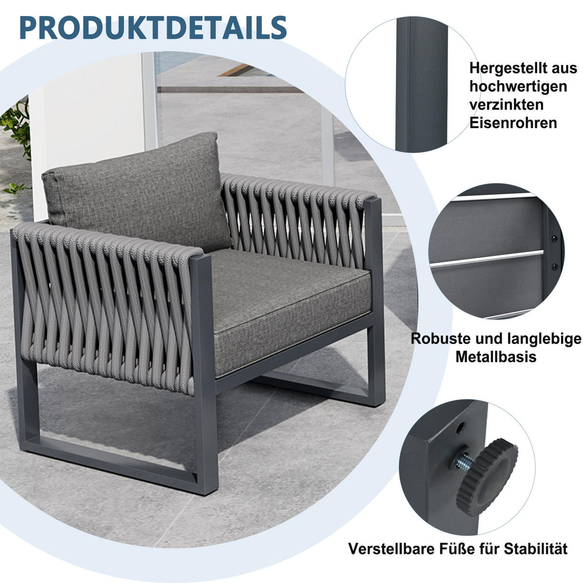 GARTENLOUNGE-SET aus Metall mit Kissen & Tisch, 4 Sessel + 2 Dreisitzer, 167/61/63 cm, Grau - Grau, Metall - Redom