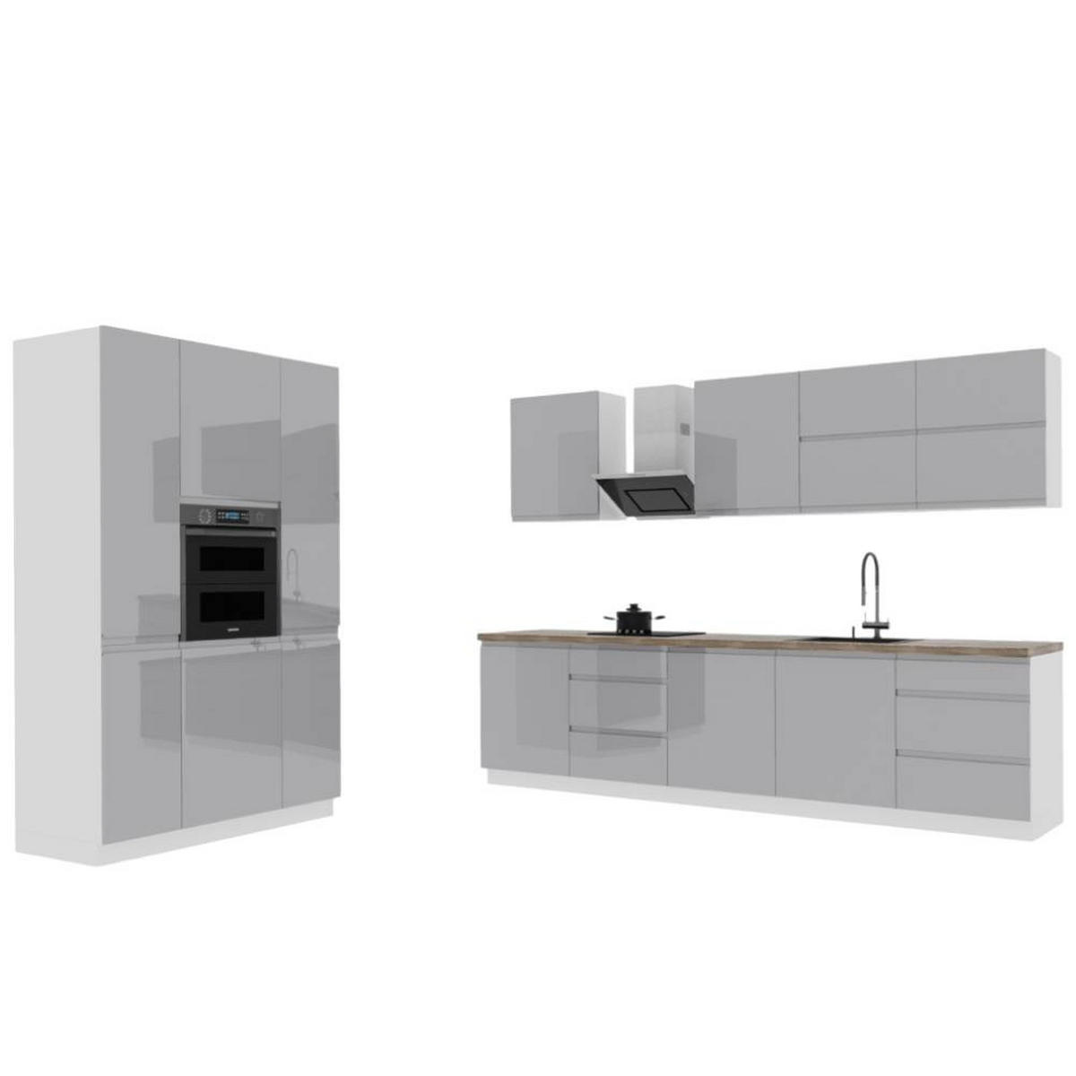 KÜCHENZEILE 440 cm - Aspen K74-M440 - in Grau / Hochglanz - Grau, Holz (300/212/140cm)