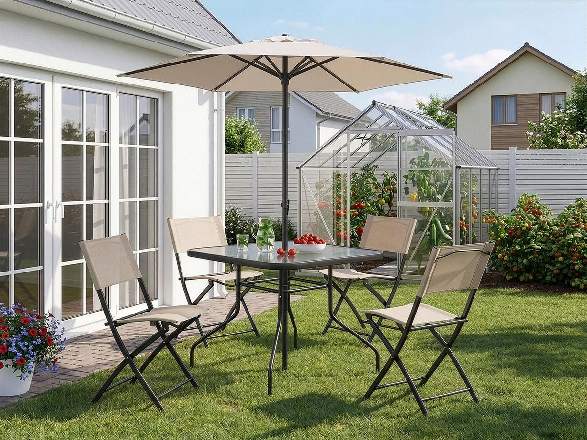 GARTENMÖBEL-SET mit 1 Esstisch. 4 Klappstühlen und 1 Aufstellschirm. Schwarz und Beige - Beige/Schwarz, Metall - Home Collective