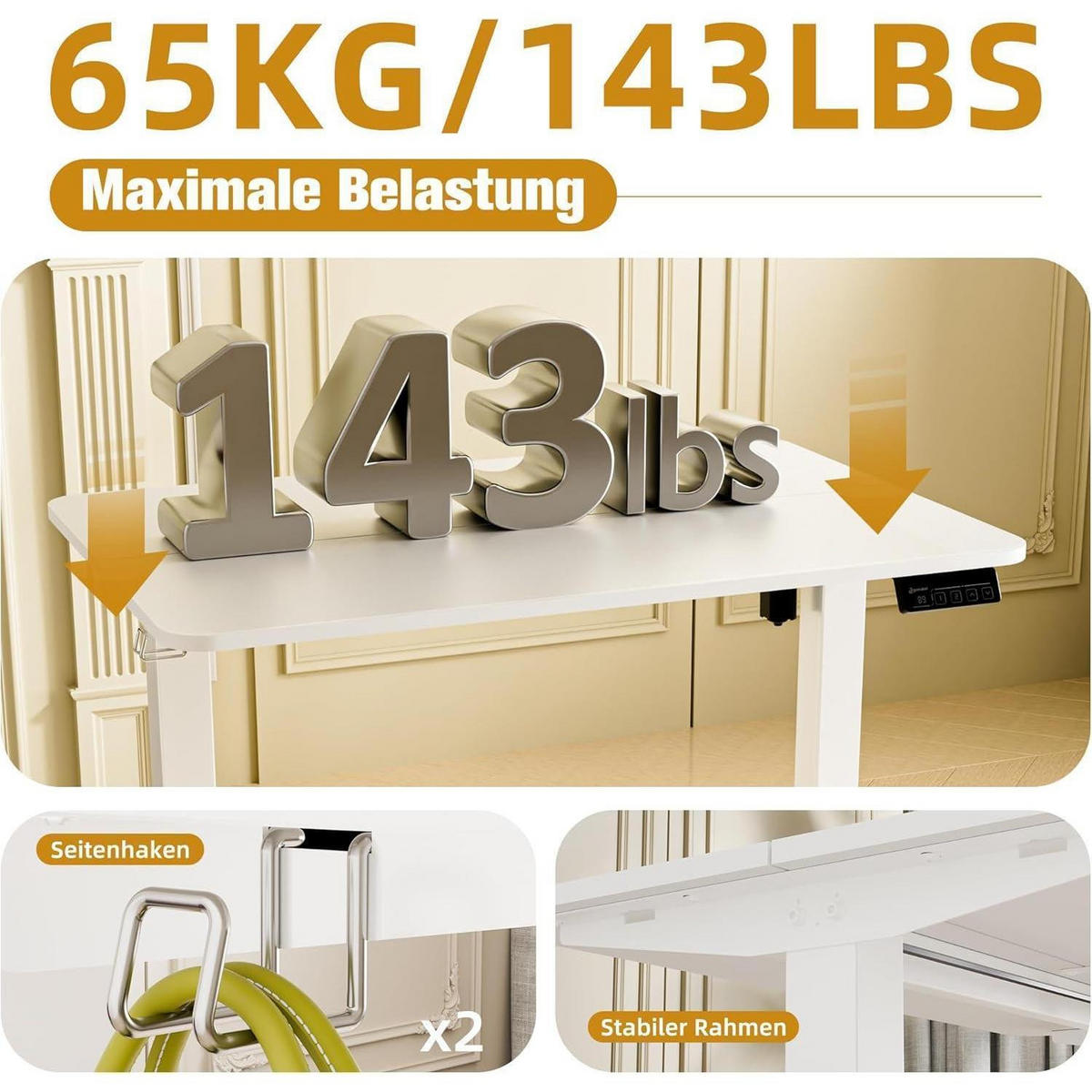 SCHREIBTISCH höhenverstellbar elektrisch 90 x 60 cm Weiß - Weiß, Metall (90/60/118cm)