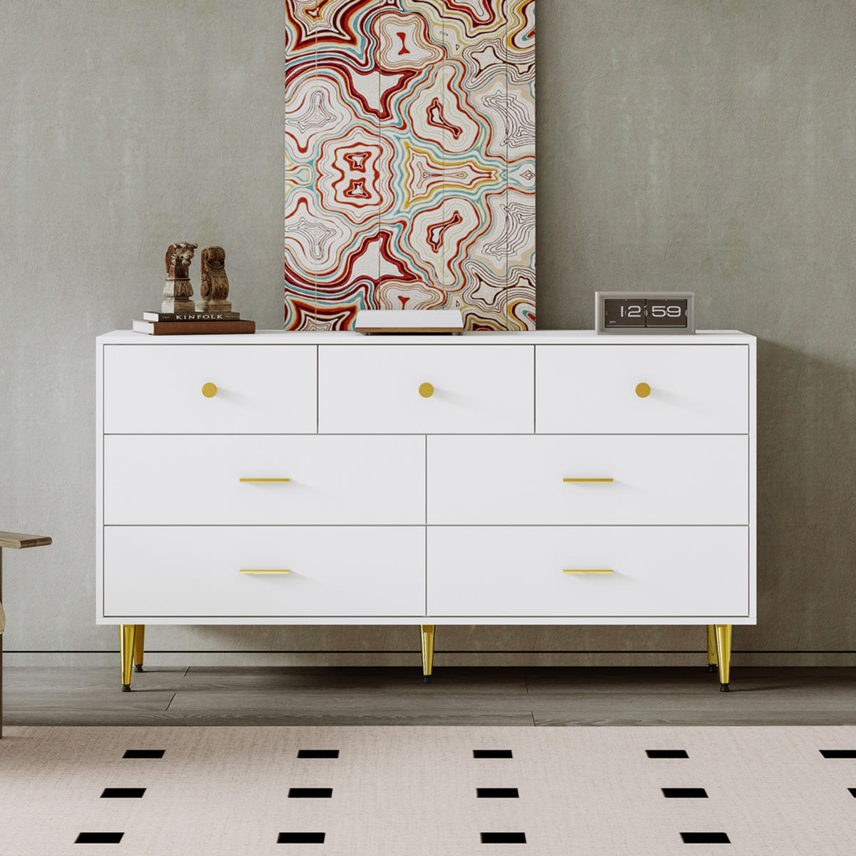 SIDEBOARD 140/35/76 cm mit 7 Schubladen in Weiß und goldfarbenen Details - Weiß, Holzwerkstoff (140/76/35cm) - BEAOK