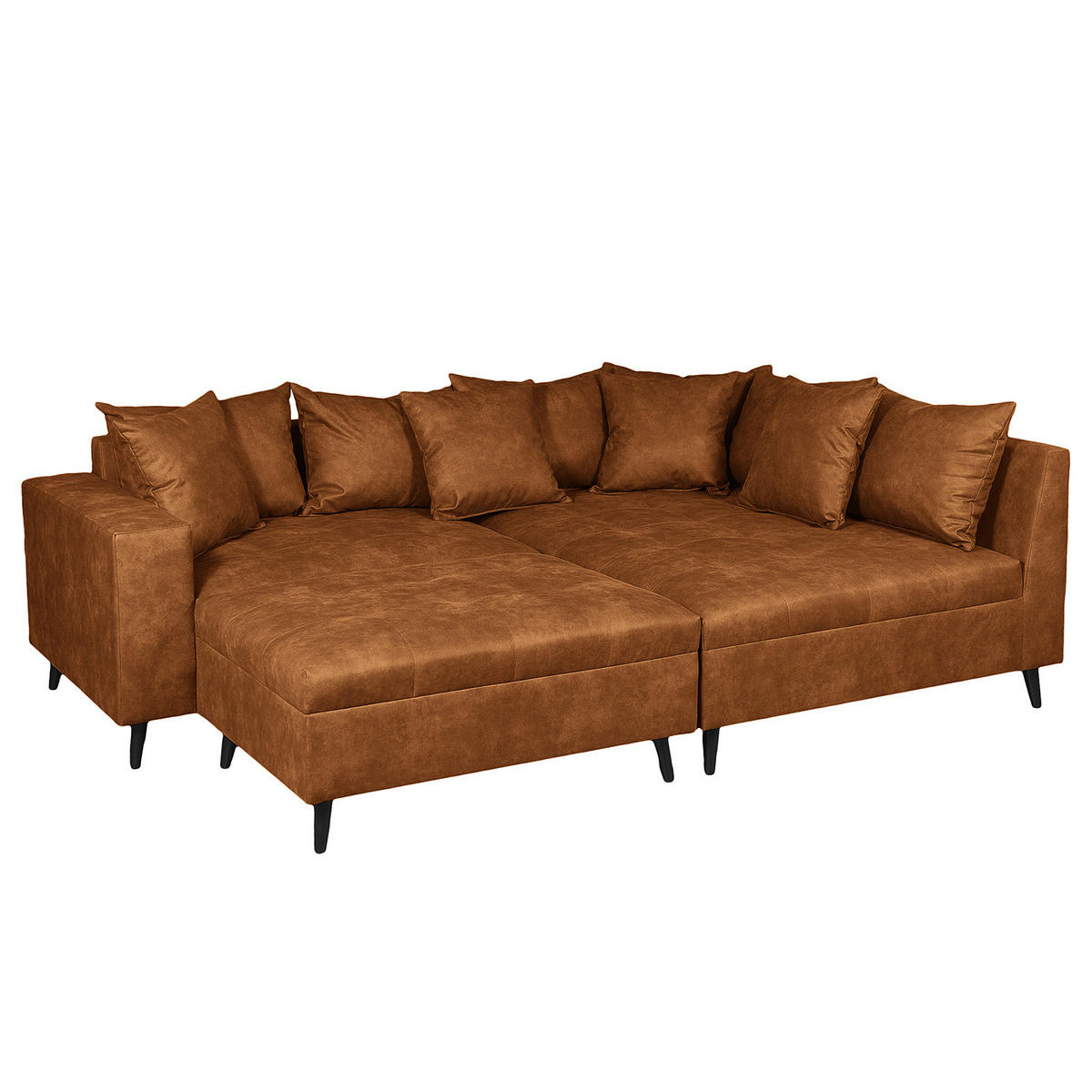 ECKSOFA mit Ottomane und Hocker - Cognac/Schwarz, Birkenholz/Textil (247/174cm) - home24