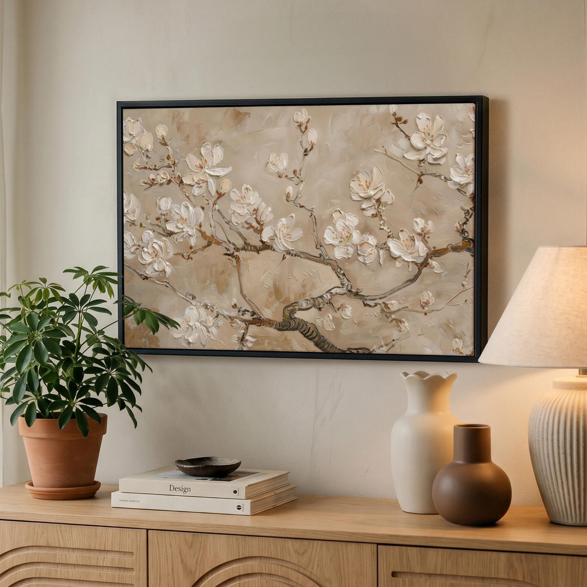 LEINWAND Bilder mit Rahmen - Blumen - Modern - Beige - Weiß - Blüte - 60x40 - Beige, Textil (60/40cm) - MuchoWow