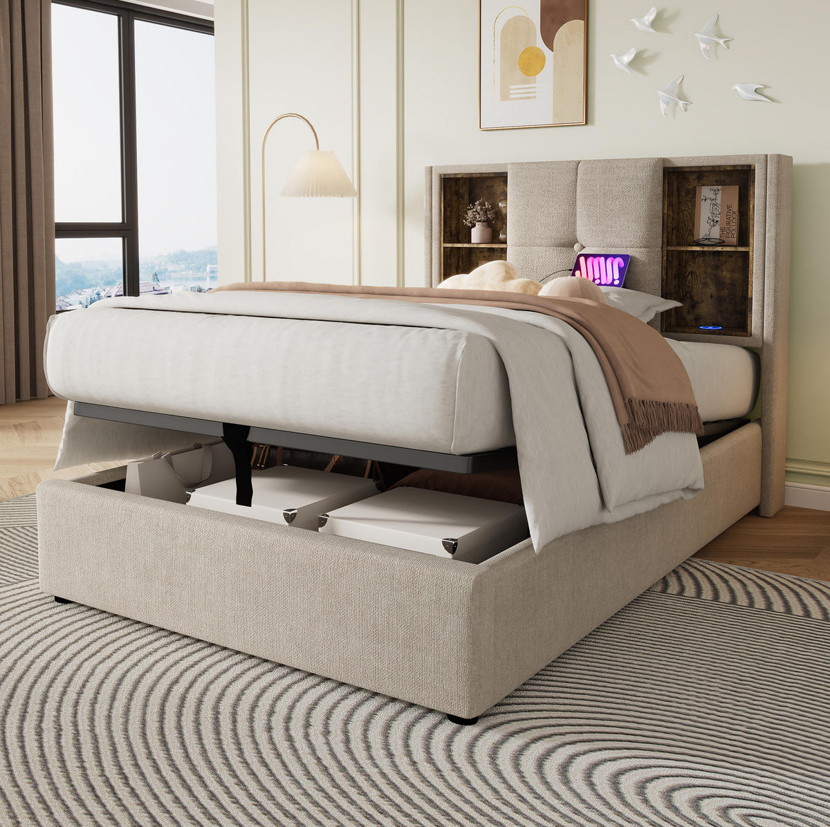 POLSTERBETT 90/200 cm Natürlich aus Leinen mit Stauraum und kabellosem Laden - Naturfarben, Textil (90/200cm) - OKMYHOME