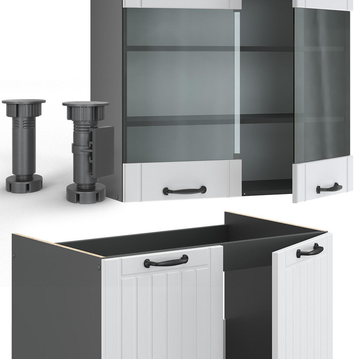 KÜCHENZEILE Fame-Line Weiß Landhaus/Anthrazit 235 cm, AP Marmor - Anthrazit/Creme, Holzwerkstoff (235/81.6/60cm) - Vicco