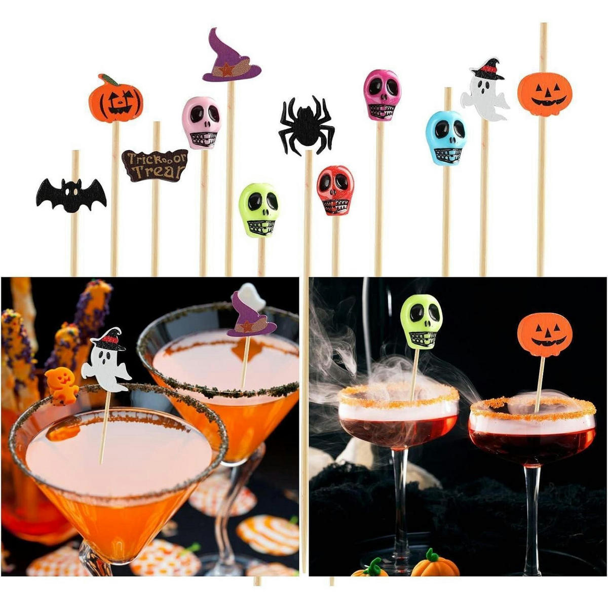 COCKTAILSPIESSE Halloween 200-teiliges Set 12 cm Bambus Totenkopf Kürbis Geist Fledermaus - Multicolor, Holz (1/1/12cm)
