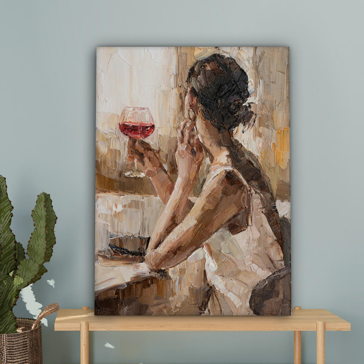 LEINWANDBILD Ölgemälde - Frau - Wein Wandbild Wohnzimmer 60x80 cm - Hellbraun, Textil (60/80cm) - MuchoWow