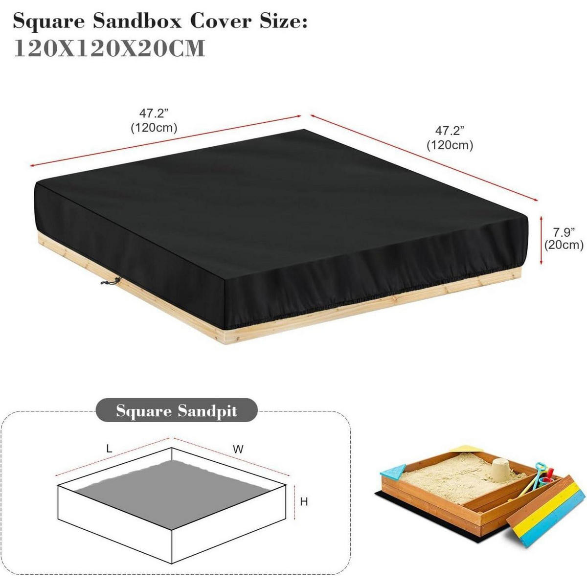 SANDKASTENABDECKUNG 120 x 120 x 20 cm wasserdicht Oxford 420D - Schwarz, Kunststoff (1/1/1cm)